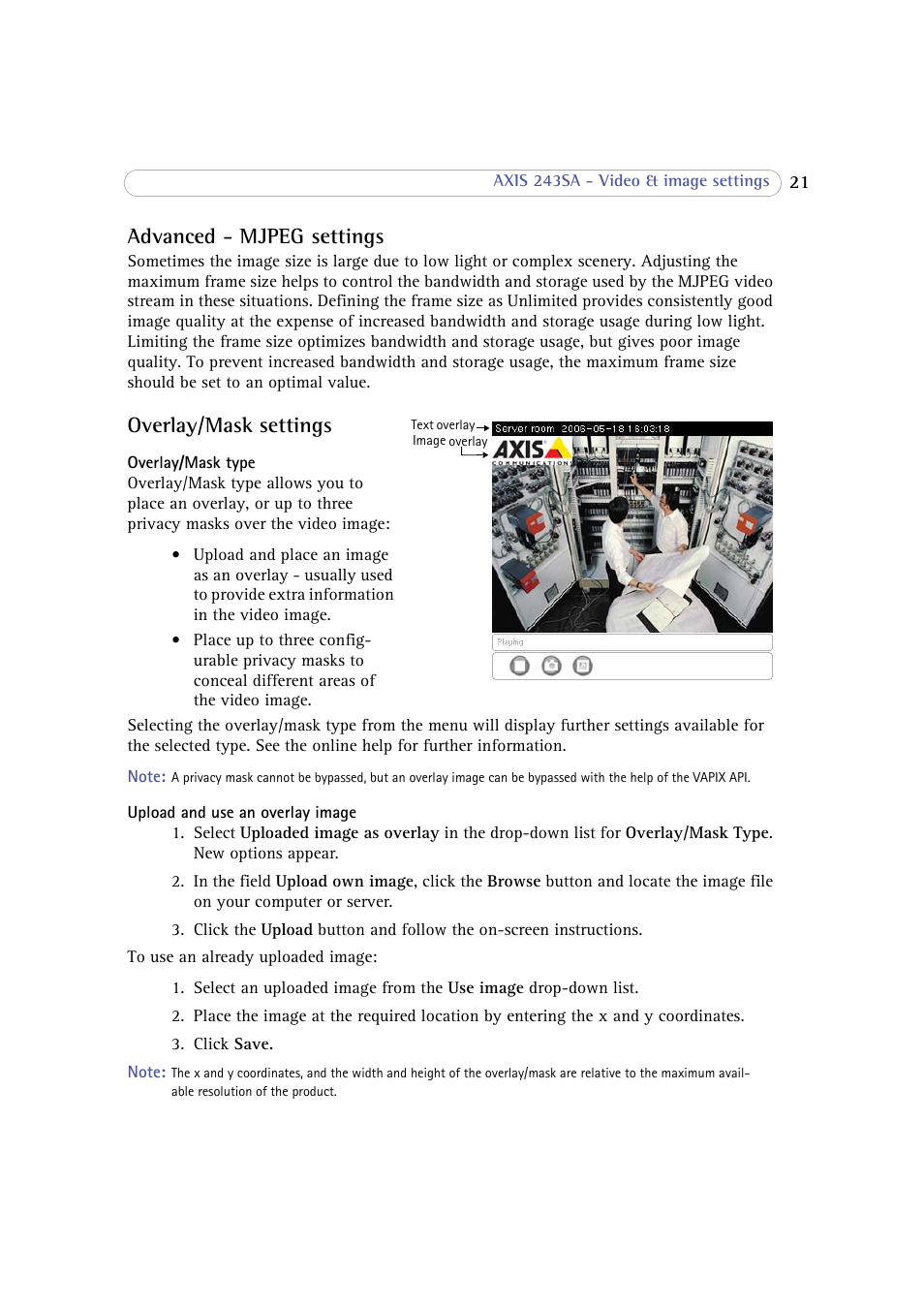 Advanced - mjpeg settings, Overlay/mask settings, Advanced - mjpeg settings overlay/mask settings | Axis Communications 243SA User Manual | Page 21 / 86