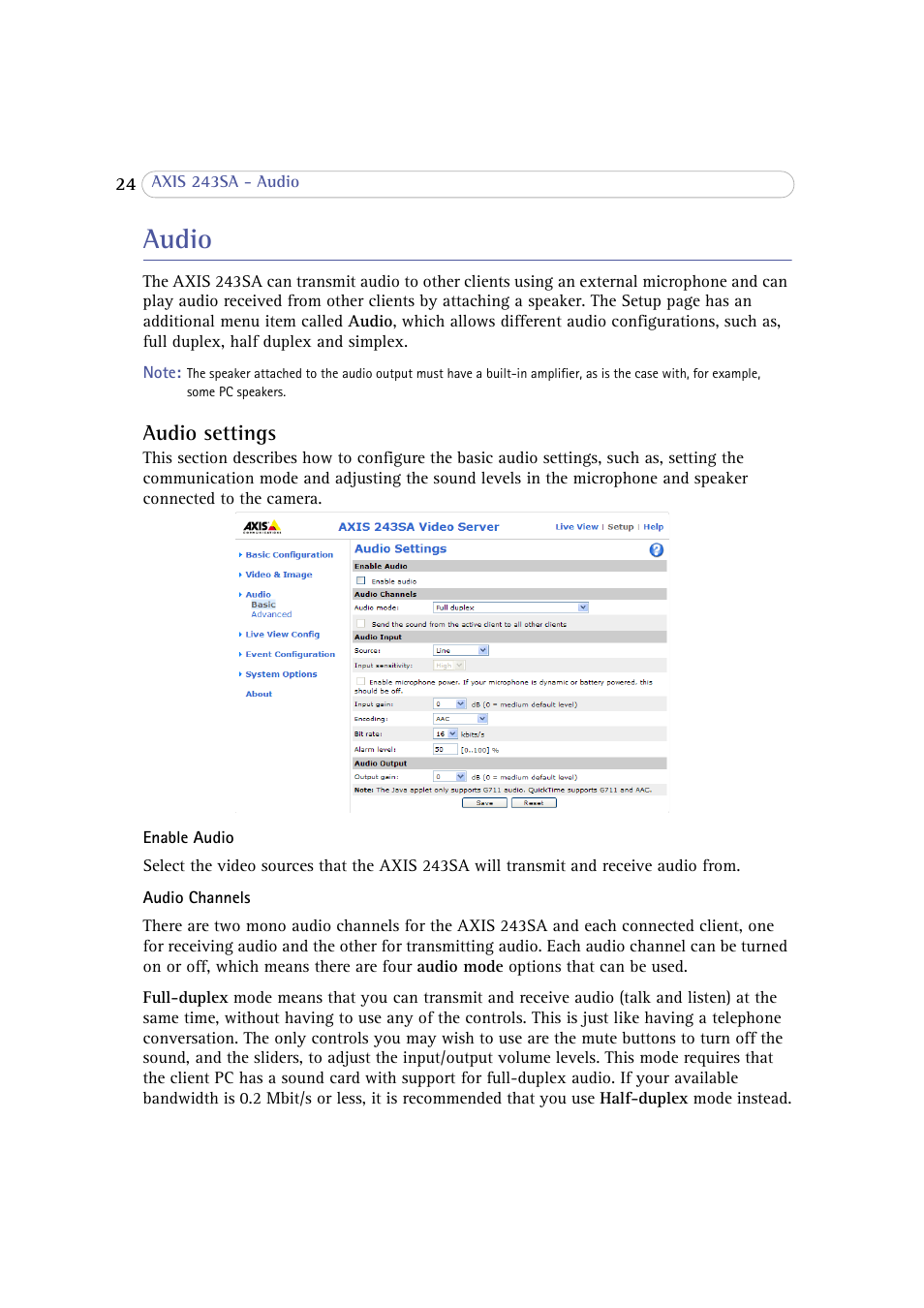 Audio, Audio settings | Axis Communications 243SA User Manual | Page 24 / 86