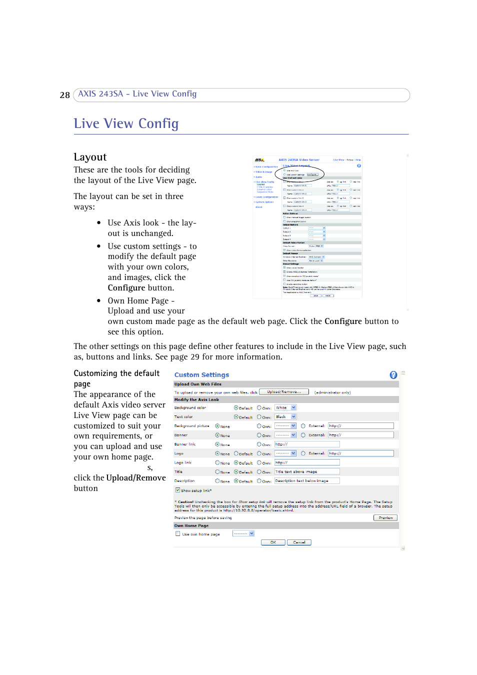 Live view config, Layout | Axis Communications 243SA User Manual | Page 28 / 86