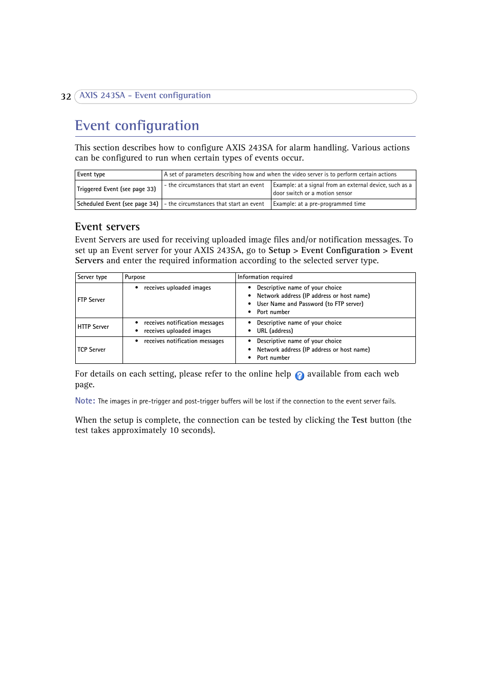 Event configuration, Event servers | Axis Communications 243SA User Manual | Page 32 / 86