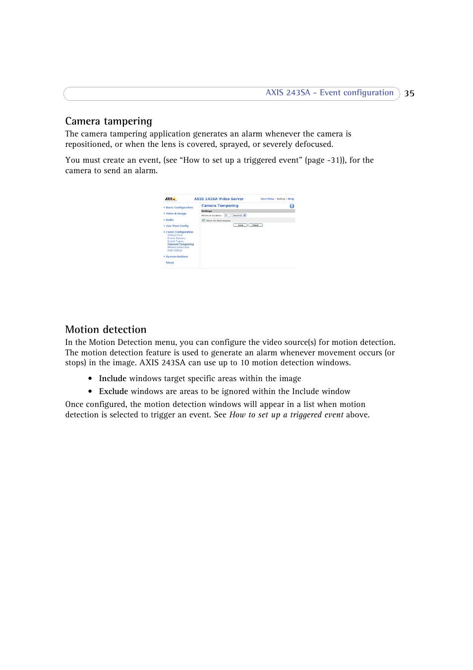 Camera tampering, Motion detection, Camera tampering motion detection | Axis Communications 243SA User Manual | Page 35 / 86