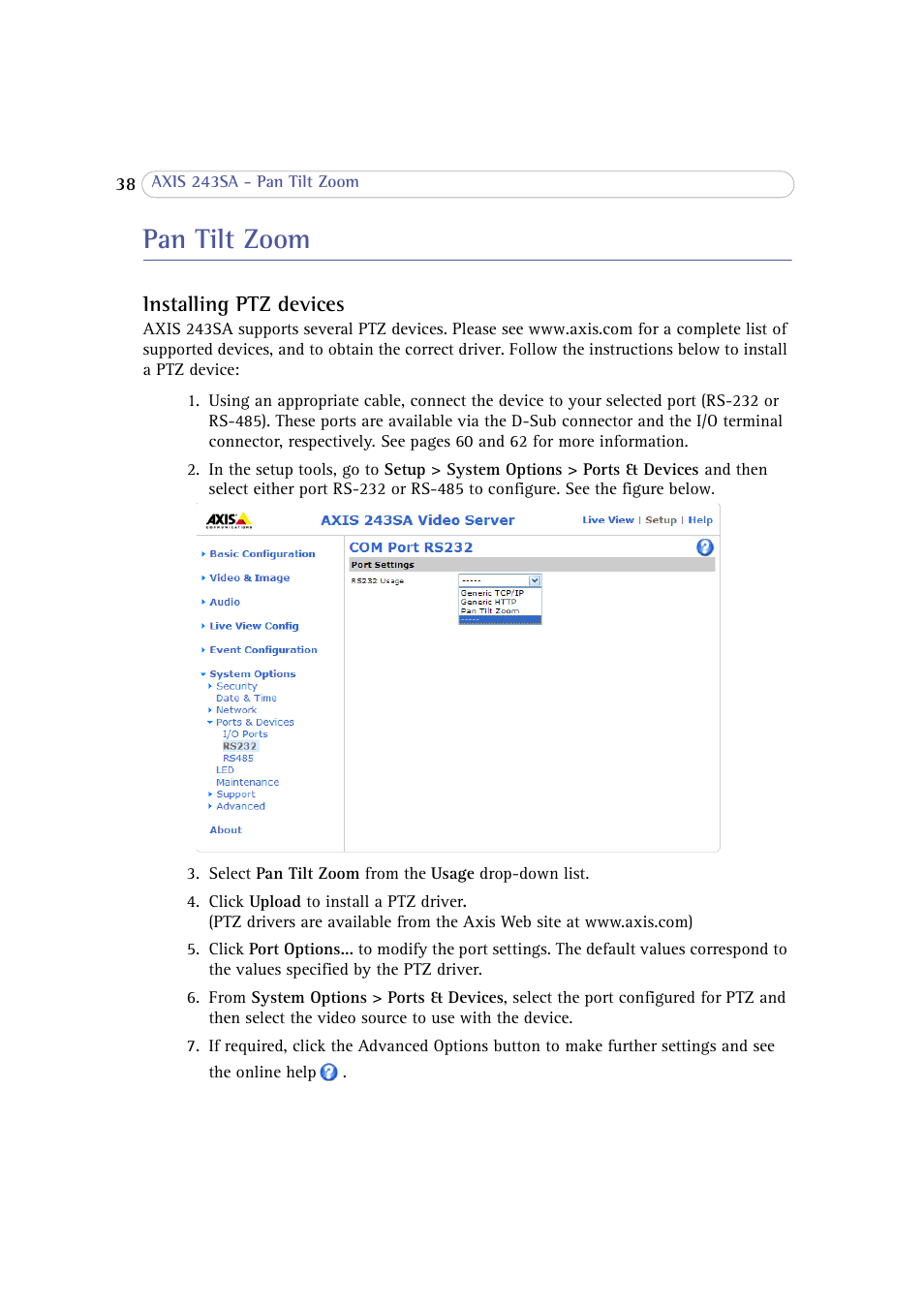 Pan tilt zoom, Installing ptz devices | Axis Communications 243SA User Manual | Page 38 / 86