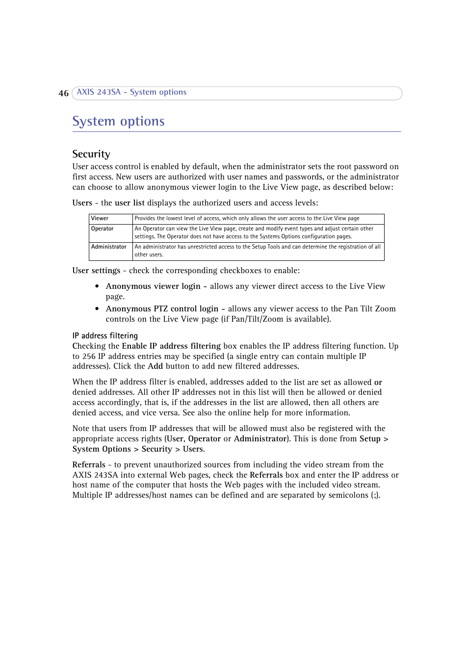 System options, Security | Axis Communications 243SA User Manual | Page 46 / 86