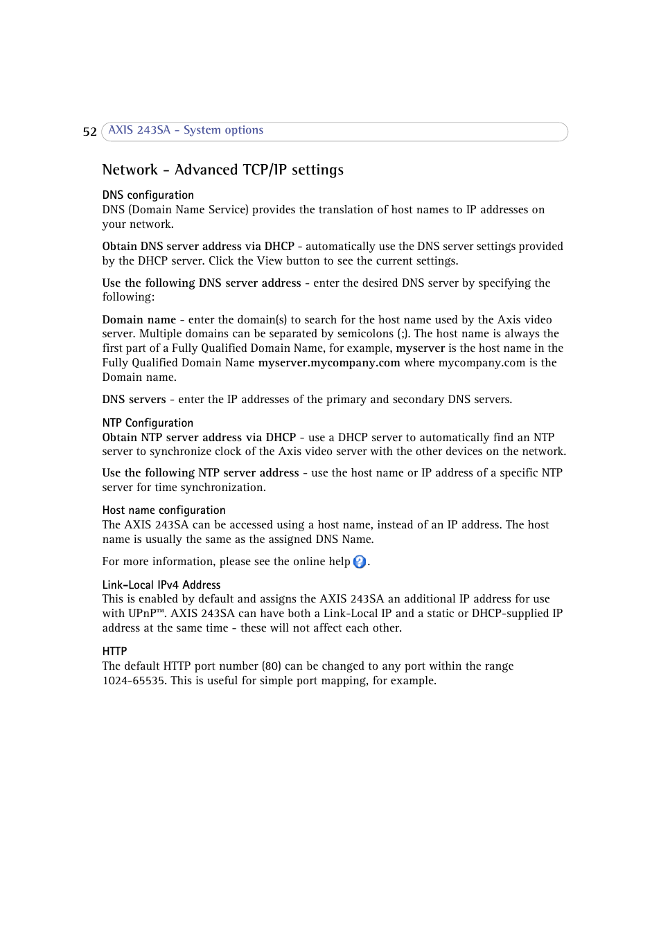 Network - advanced tcp/ip settings | Axis Communications 243SA User Manual | Page 52 / 86