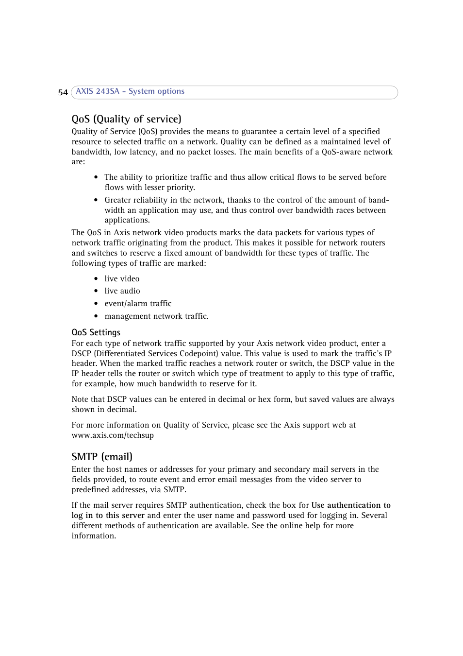 Qos (quality of service), Smtp (email), Qos (quality of service) smtp (email) | Axis Communications 243SA User Manual | Page 54 / 86