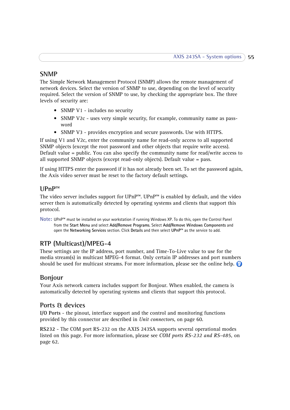 Snmp, Upnp, Rtp (multicast)/mpeg-4 | Bonjour, Ports & devices | Axis Communications 243SA User Manual | Page 55 / 86