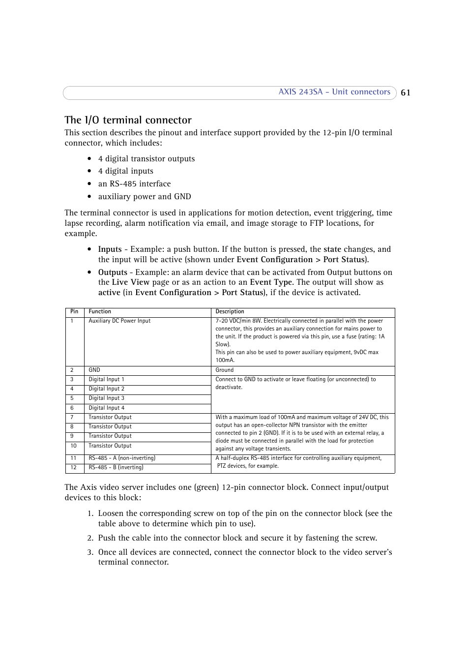 The i/o terminal connector | Axis Communications 243SA User Manual | Page 61 / 86