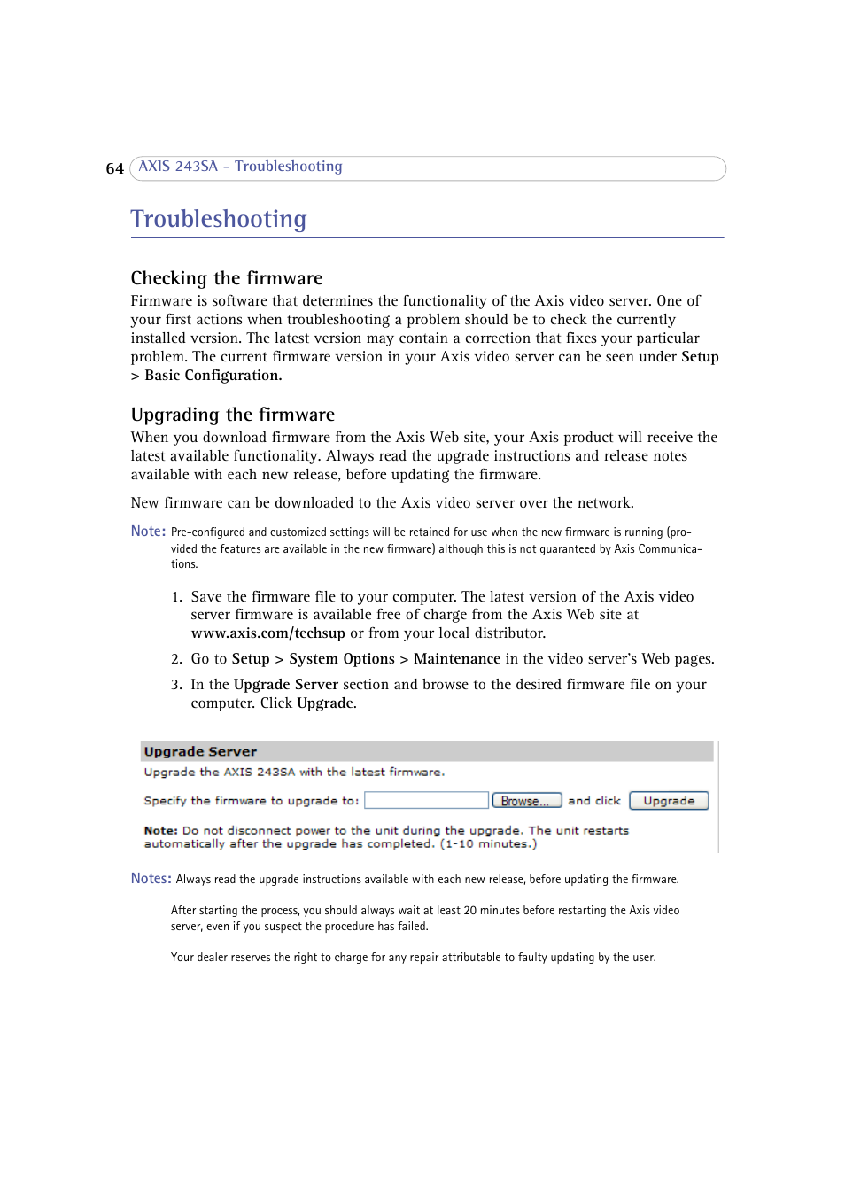 Troubleshooting, Checking the firmware, Upgrading the firmware | Checking the firmware upgrading the firmware | Axis Communications 243SA User Manual | Page 64 / 86