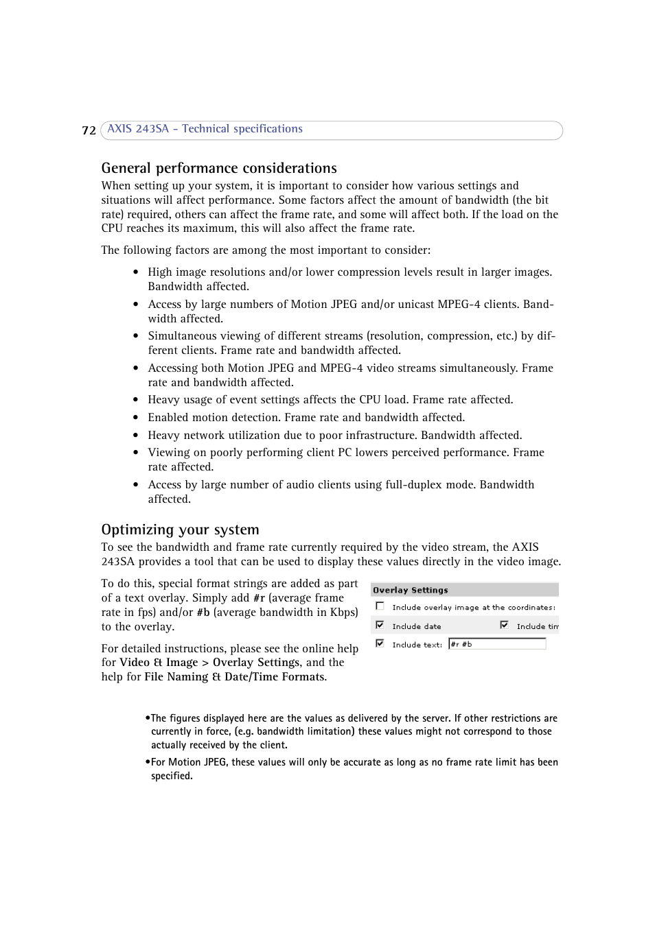 General performance considerations, Optimizing your system | Axis Communications 243SA User Manual | Page 72 / 86