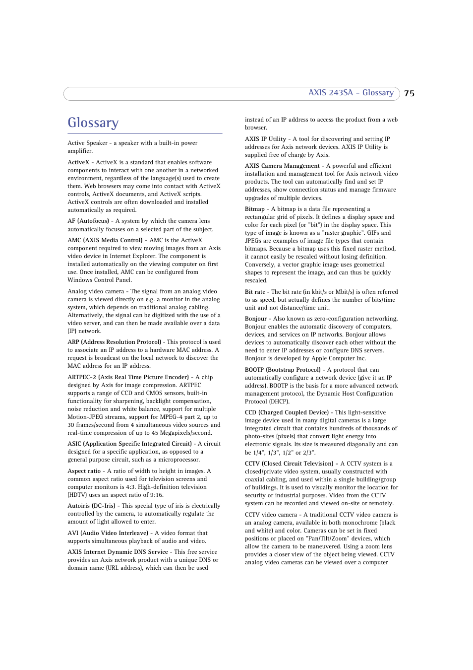 Glossary | Axis Communications 243SA User Manual | Page 75 / 86