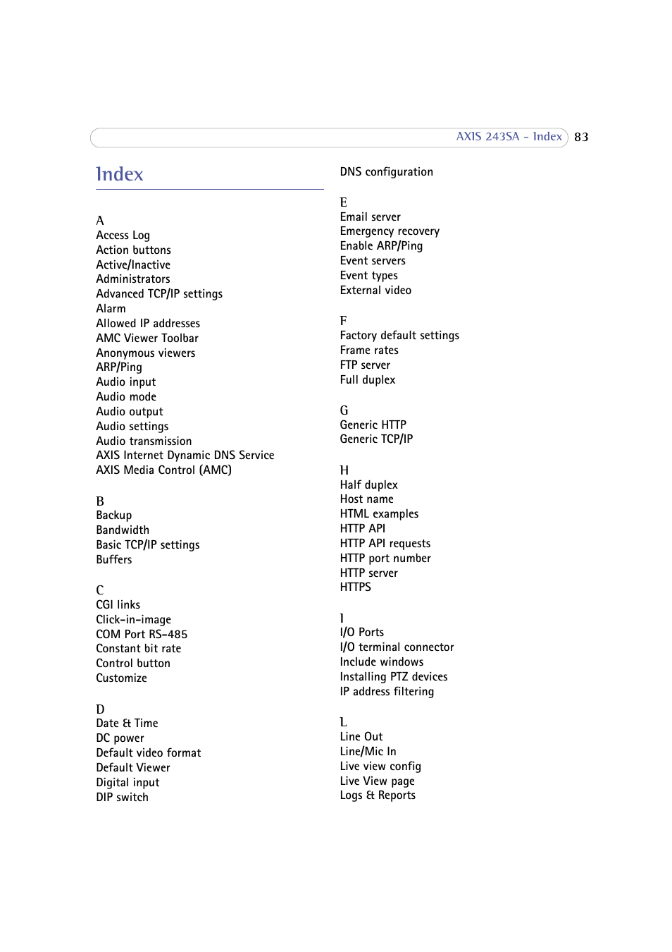 Index | Axis Communications 243SA User Manual | Page 83 / 86