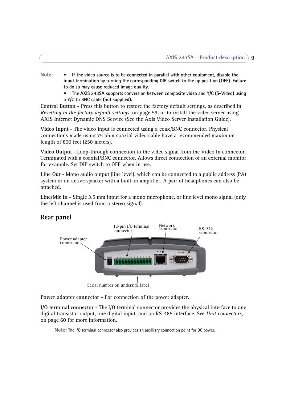 Rear panel | Axis Communications 243SA User Manual | Page 9 / 86