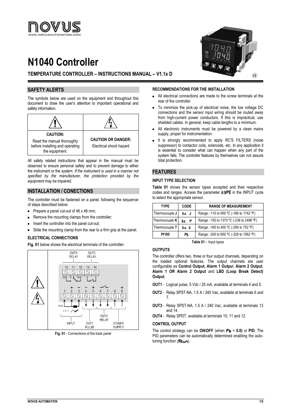 NOVUS N1040 Controller User Manual | 5 pages