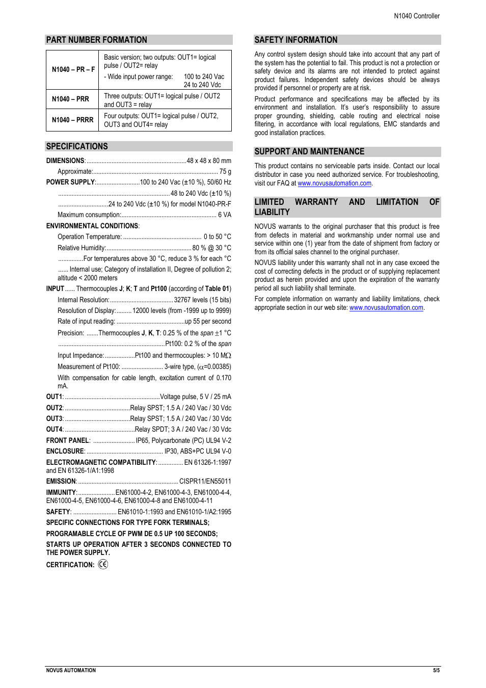 NOVUS N1040 Controller User Manual | Page 5 / 5