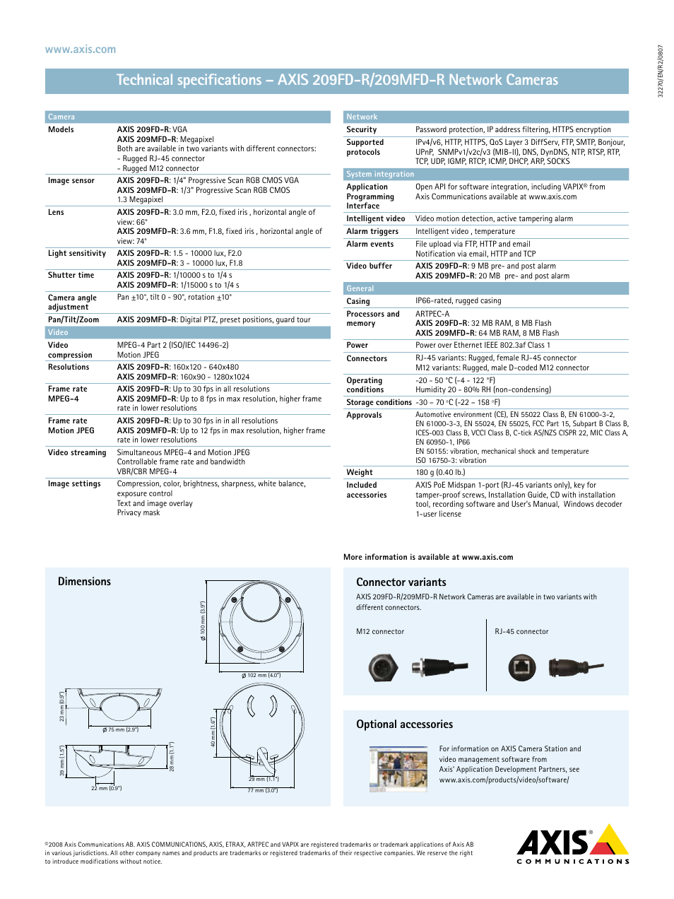 Dimensions, Connector variants, Optional accessories | Axis Communications 209FD-R User Manual | Page 2 / 2