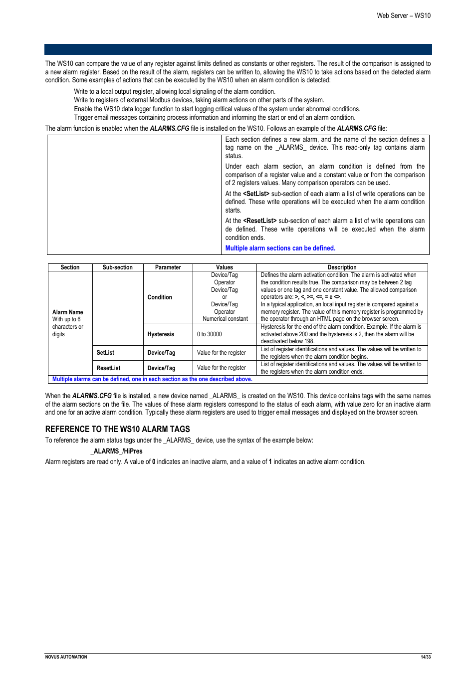 Alarms supervision configuration, Reference to the ws10 alarm tags | NOVUS Web Server – WS10 User Manual | Page 14 / 33