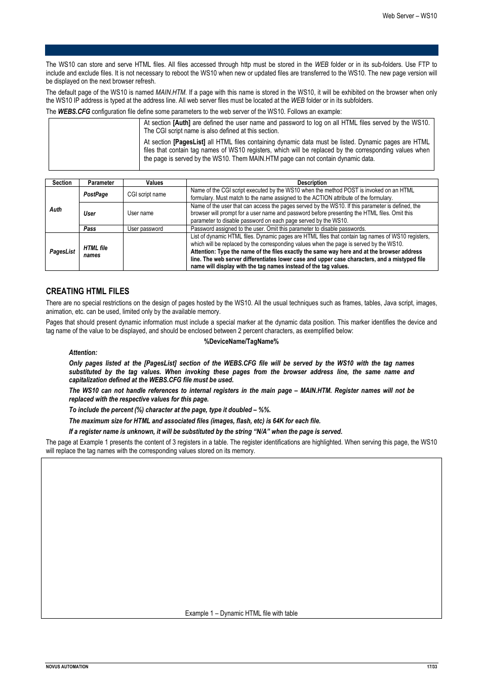 Html page server configuration, Creating html files | NOVUS Web Server – WS10 User Manual | Page 17 / 33