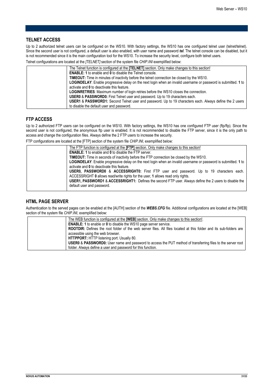 Secutity issues on the ws10 | NOVUS Web Server – WS10 User Manual | Page 31 / 33