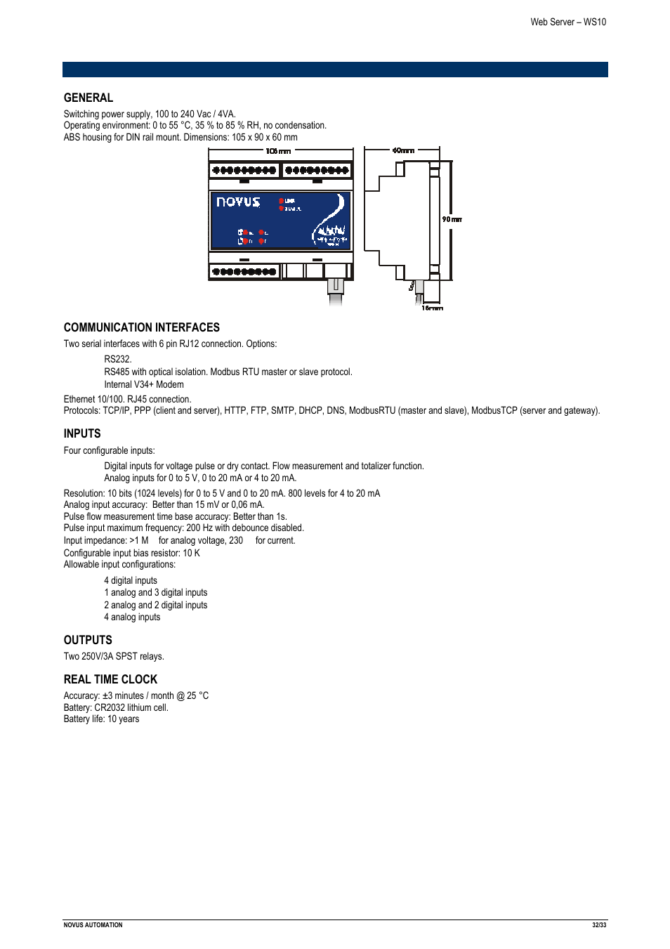 Specifications | NOVUS Web Server – WS10 User Manual | Page 32 / 33