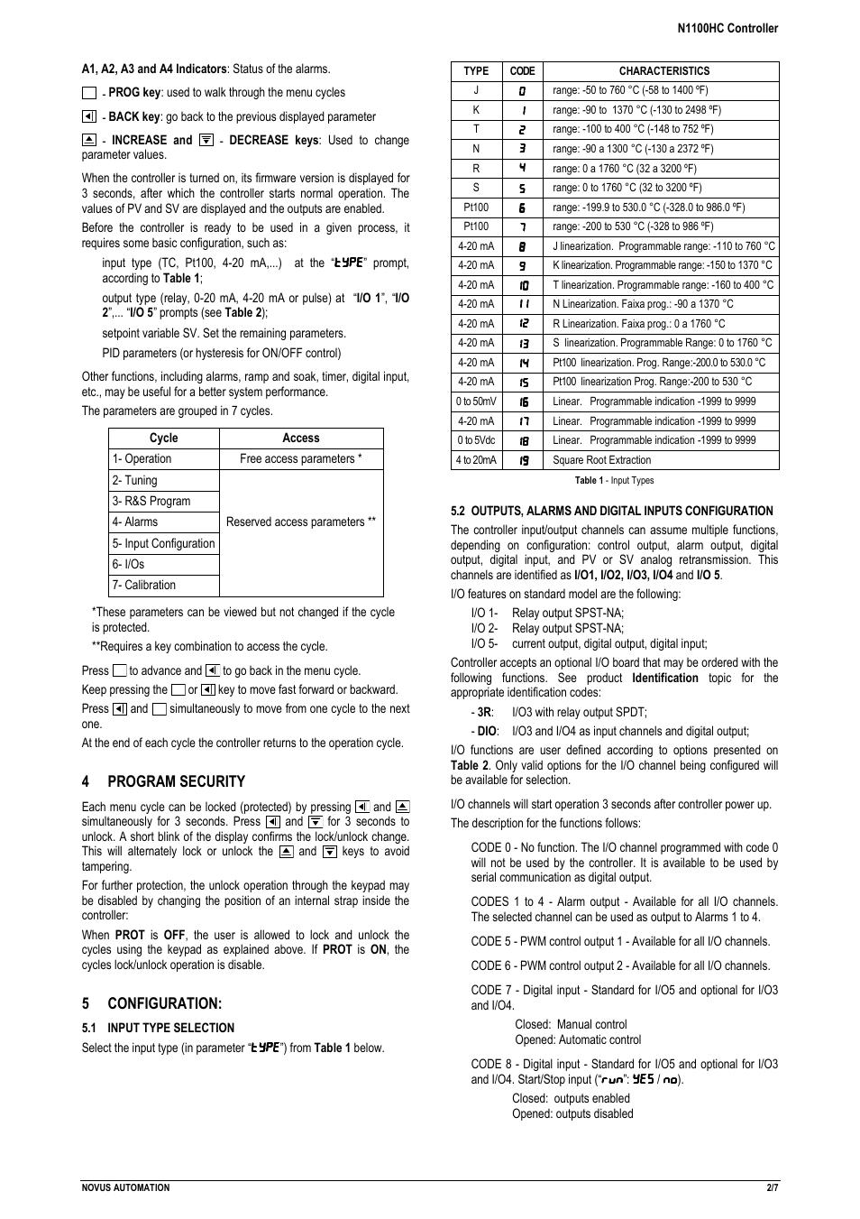 4program security, 5configuration | NOVUS N1100HC User Manual | Page 2 / 7