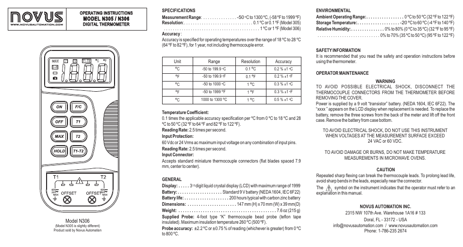 NOVUS MODEL N305/N306 User Manual | 2 pages