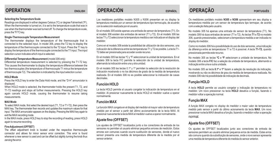 Operação, Operación, Operation | NOVUS MODEL N305/N306 User Manual | Page 2 / 2