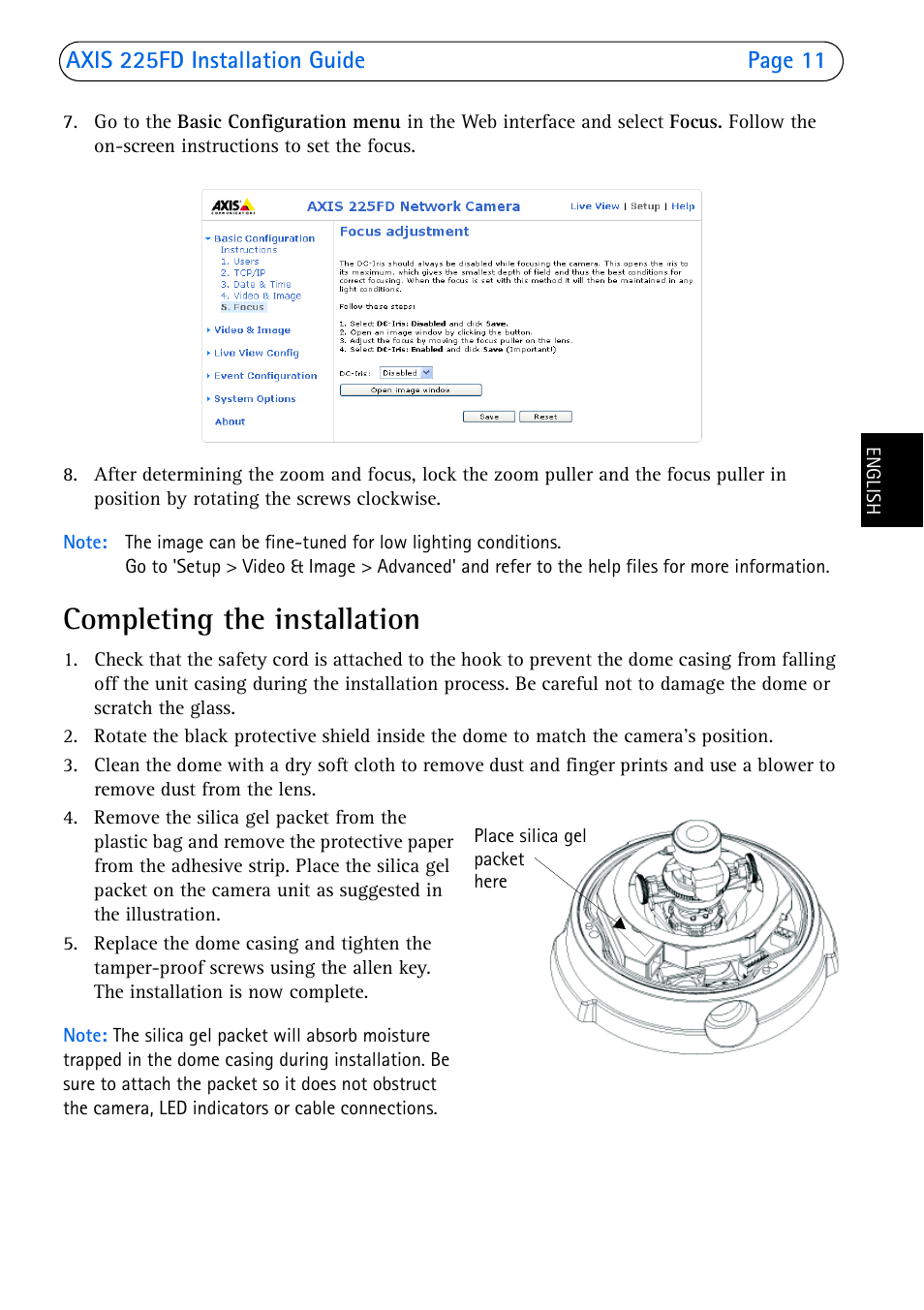 Completing the installation | Axis Communications 225FD User Manual | Page 11 / 74