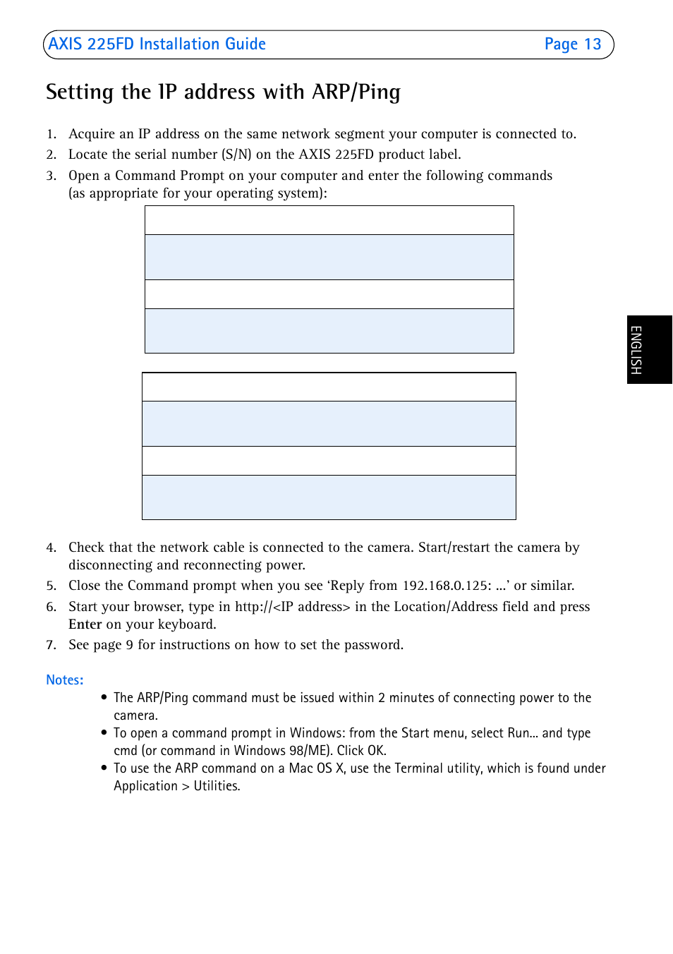 Setting the ip address with arp/ping | Axis Communications 225FD User Manual | Page 13 / 74