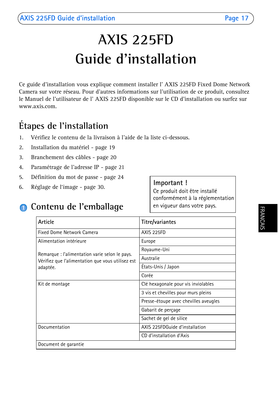 Axis 225fd guide d’installation, Étapes de l’installation, Contenu de l’emballage | Axis Communications 225FD User Manual | Page 17 / 74