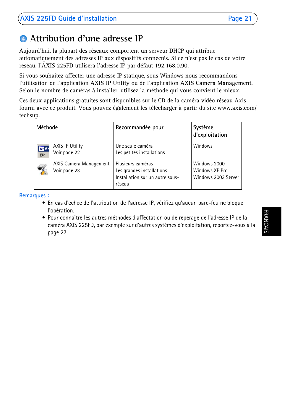 Attribution d'une adresse ip | Axis Communications 225FD User Manual | Page 21 / 74