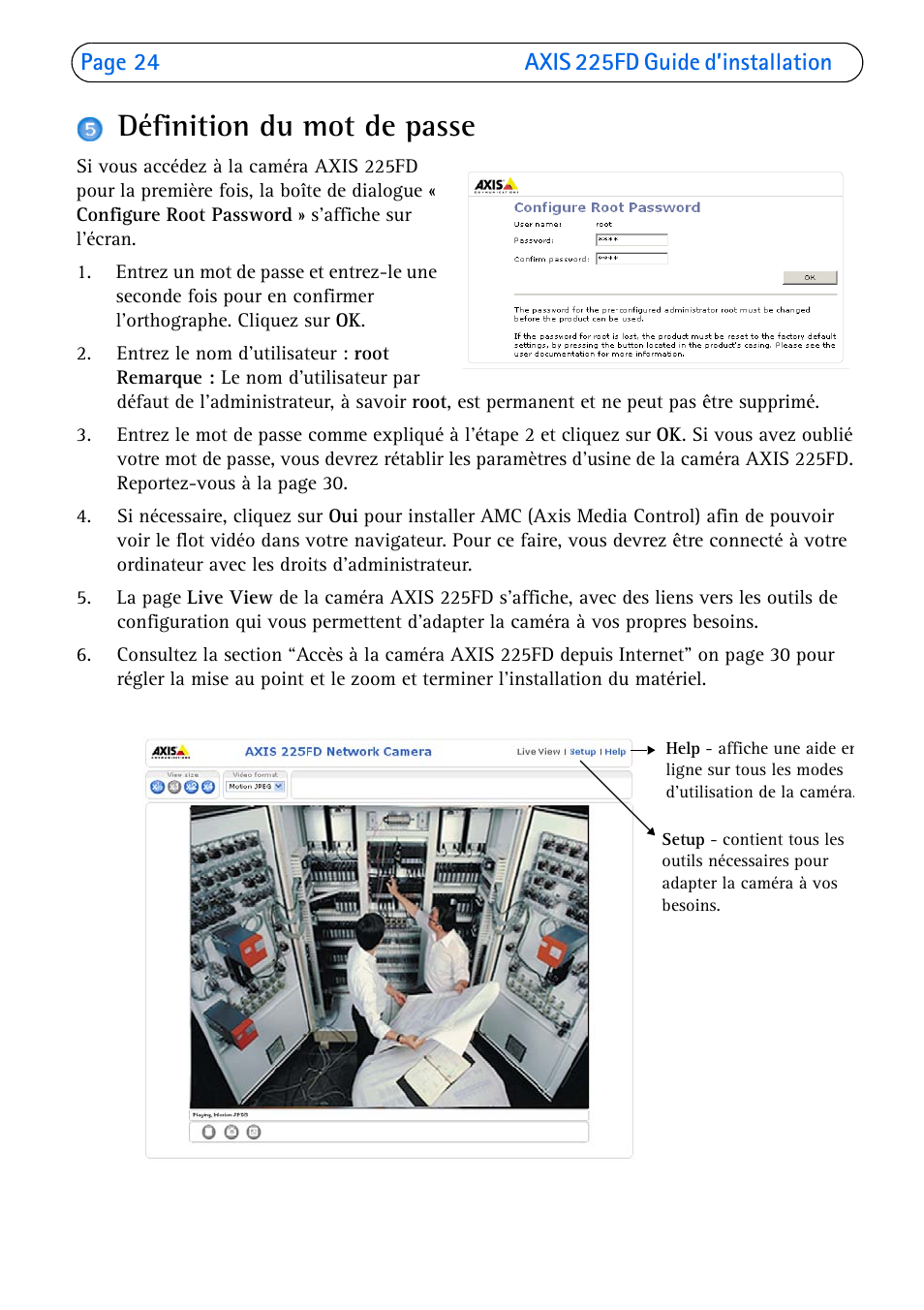 Définition du mot de passe | Axis Communications 225FD User Manual | Page 24 / 74