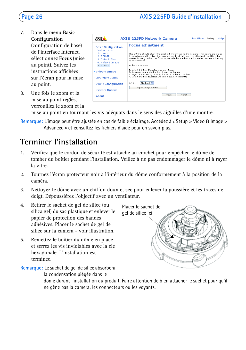 Terminer l’installation | Axis Communications 225FD User Manual | Page 26 / 74