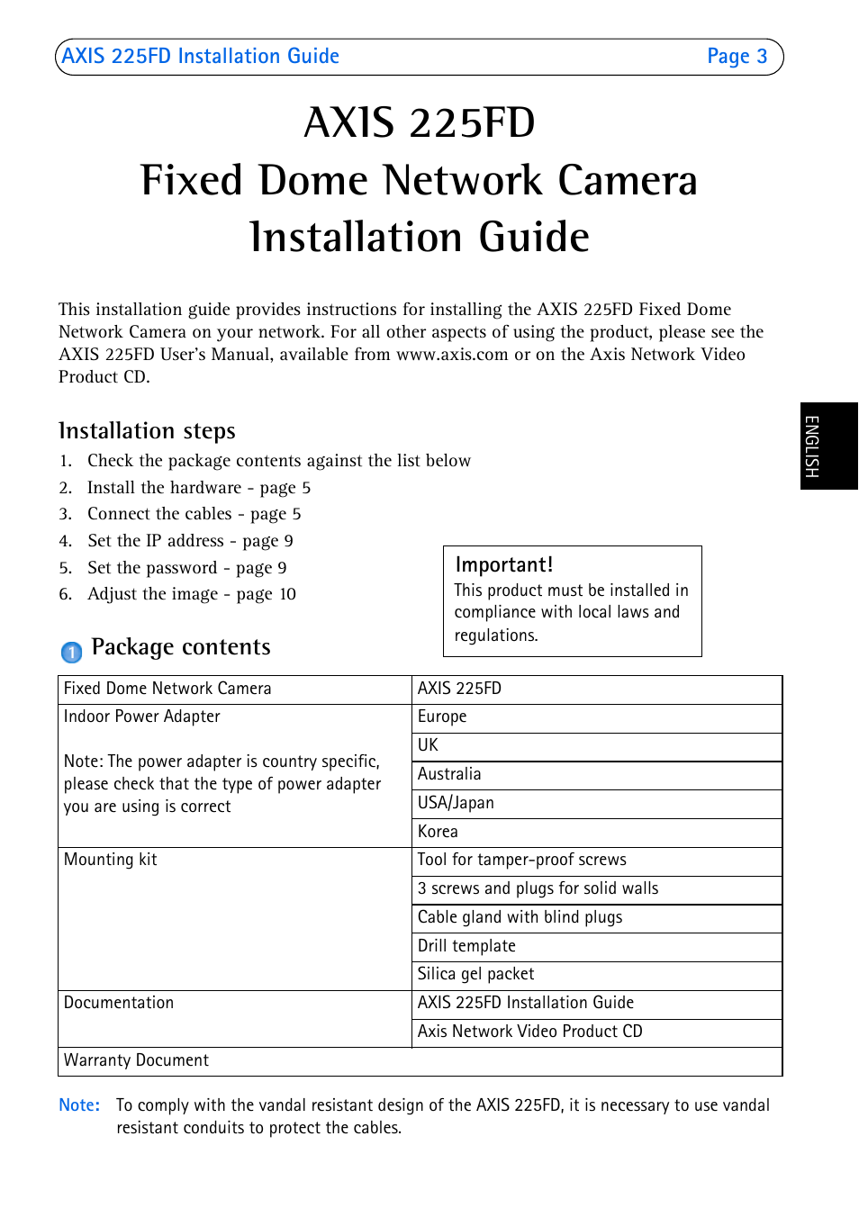 Installation steps, Package contents | Axis Communications 225FD User Manual | Page 3 / 74