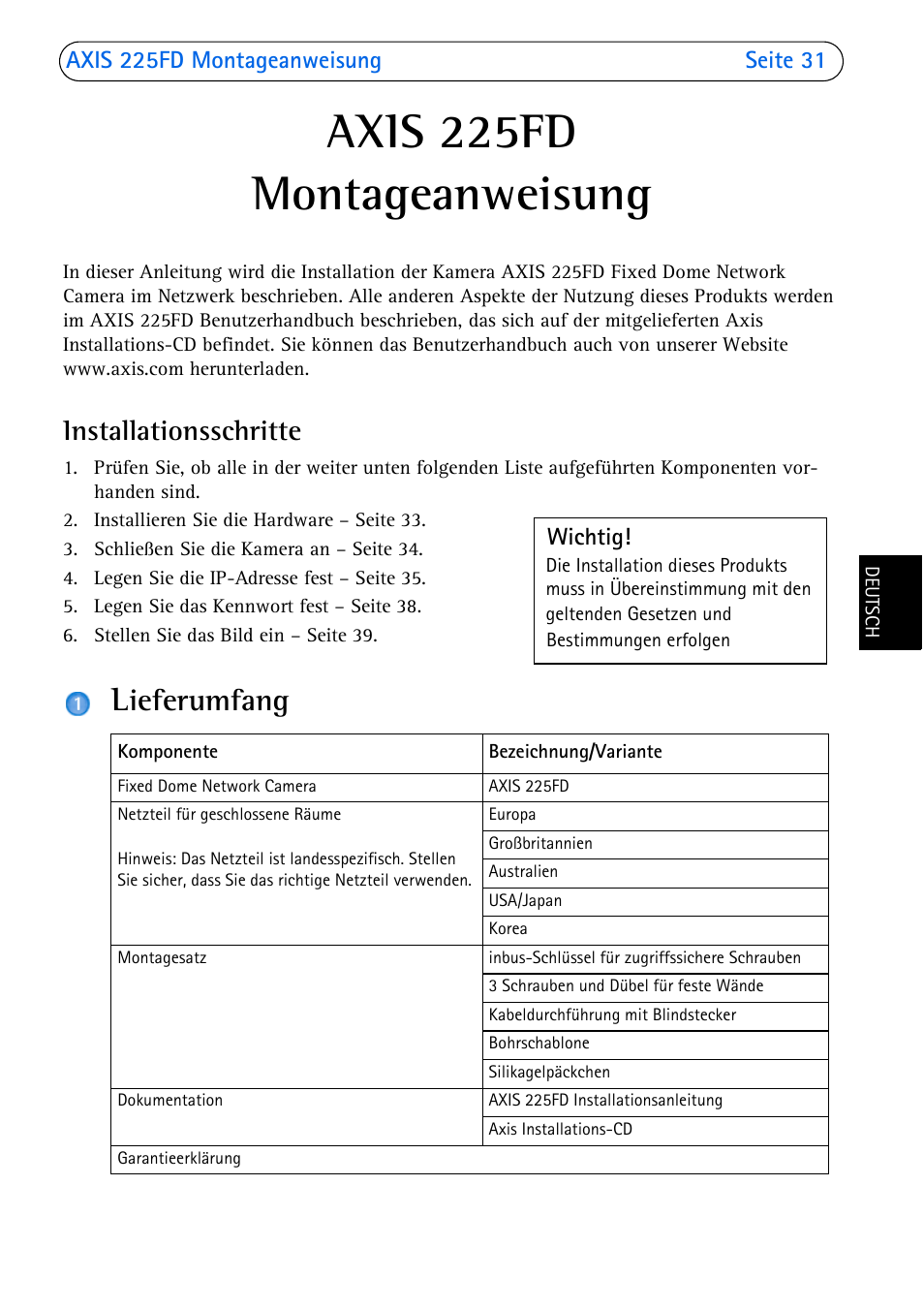 Axis 225fd montageanweisung, Installationsschritte, Lieferumfang | Ieferumfang | Axis Communications 225FD User Manual | Page 31 / 74