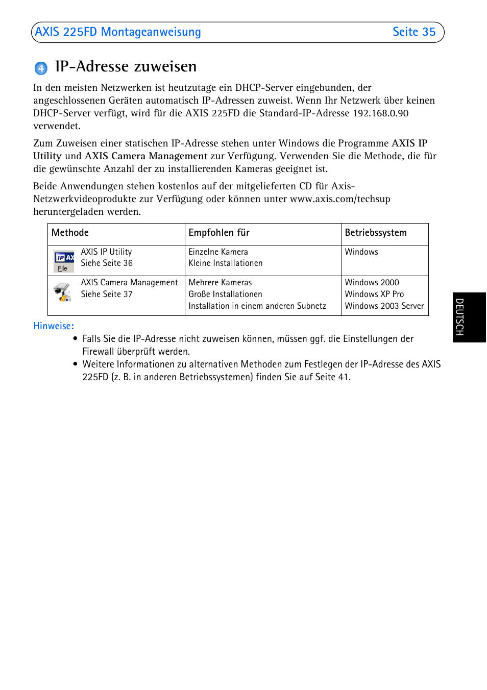 Ip-adresse zuweisen, Seite 35 | Axis Communications 225FD User Manual | Page 35 / 74