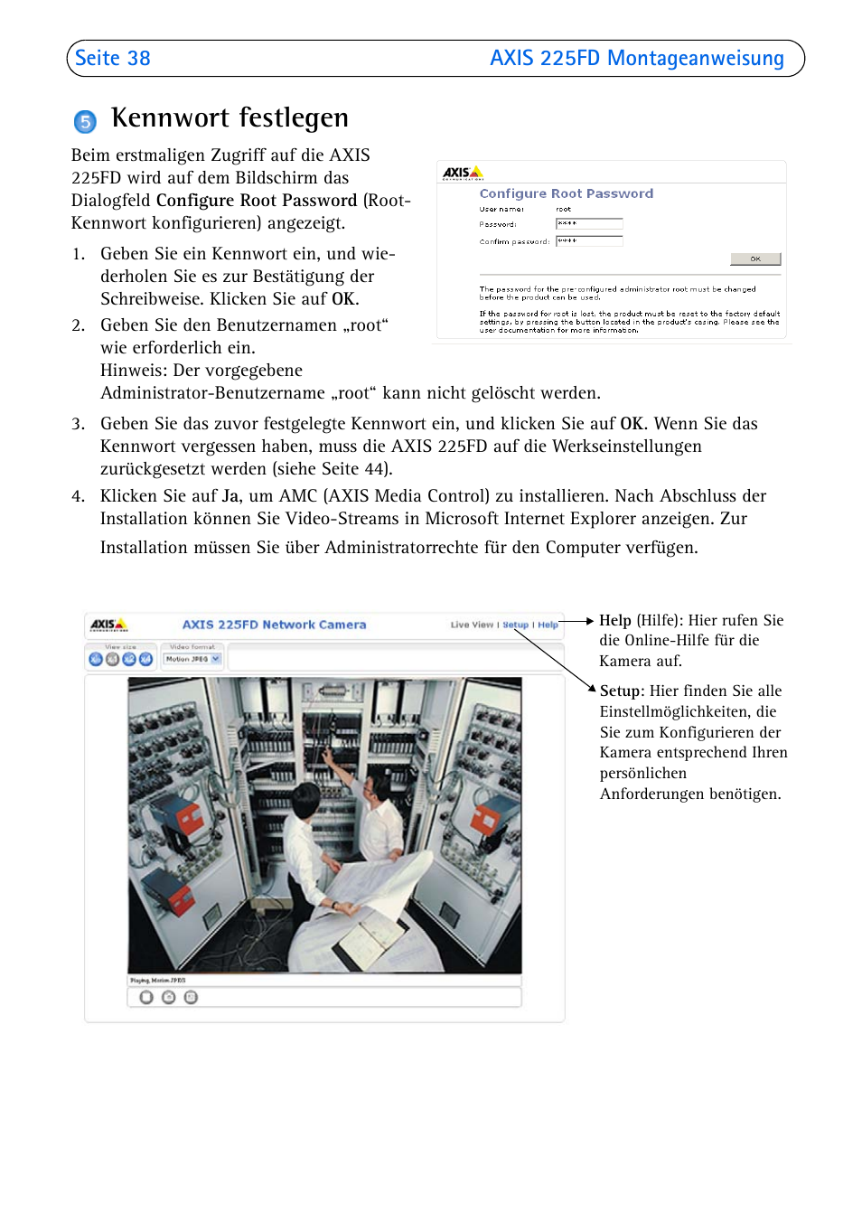 Kennwort festlegen, Seite 38 | Axis Communications 225FD User Manual | Page 38 / 74