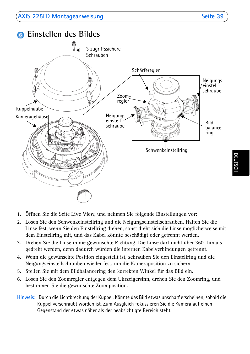Einstellen des bildes, Seite 39 | Axis Communications 225FD User Manual | Page 39 / 74