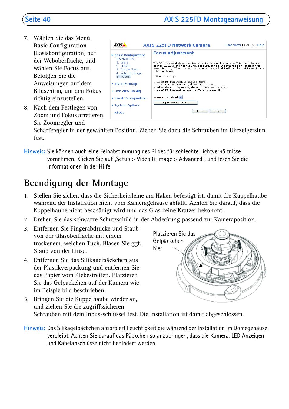 Beendigung der montage | Axis Communications 225FD User Manual | Page 40 / 74