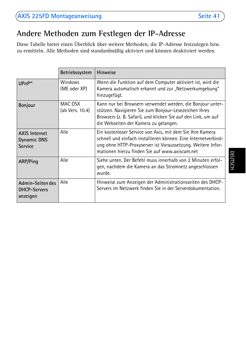 Andere methoden zum festlegen der ip-adresse | Axis Communications 225FD User Manual | Page 41 / 74