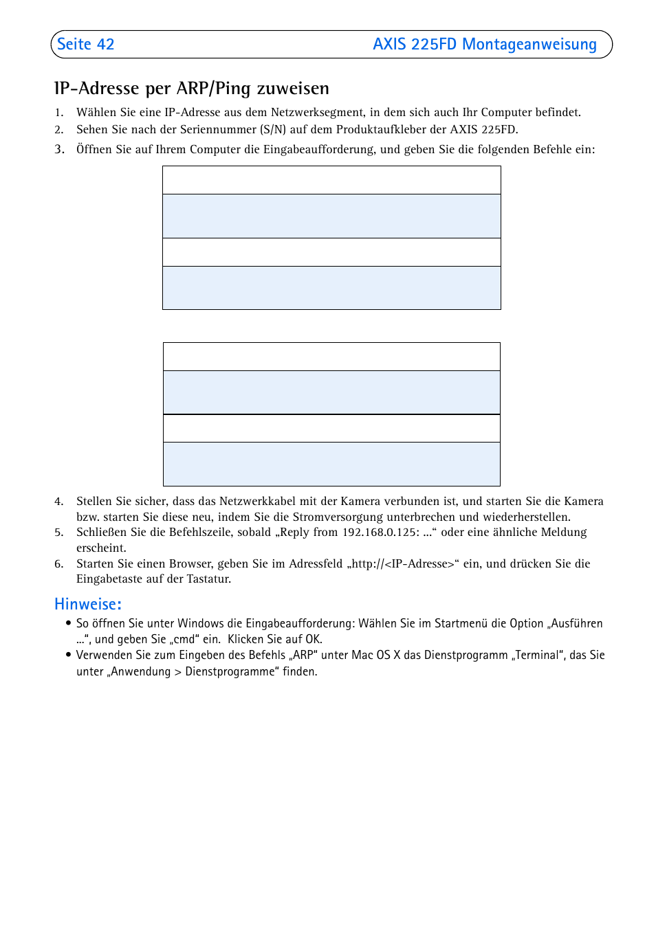 Ip-adresse per arp/ping zuweisen, Hinweise | Axis Communications 225FD User Manual | Page 42 / 74