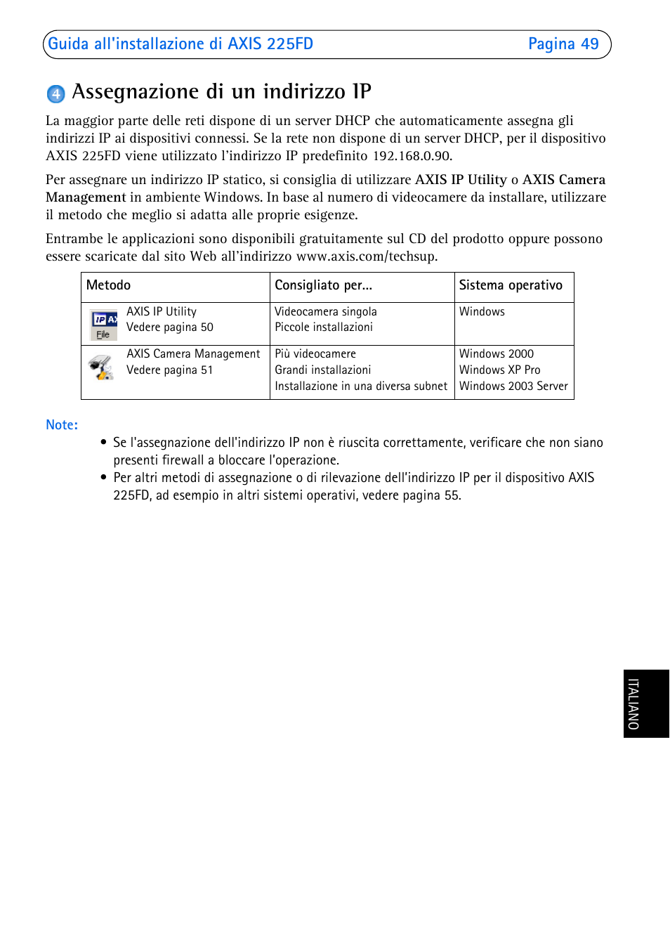 Assegnazione di un indirizzo ip | Axis Communications 225FD User Manual | Page 49 / 74