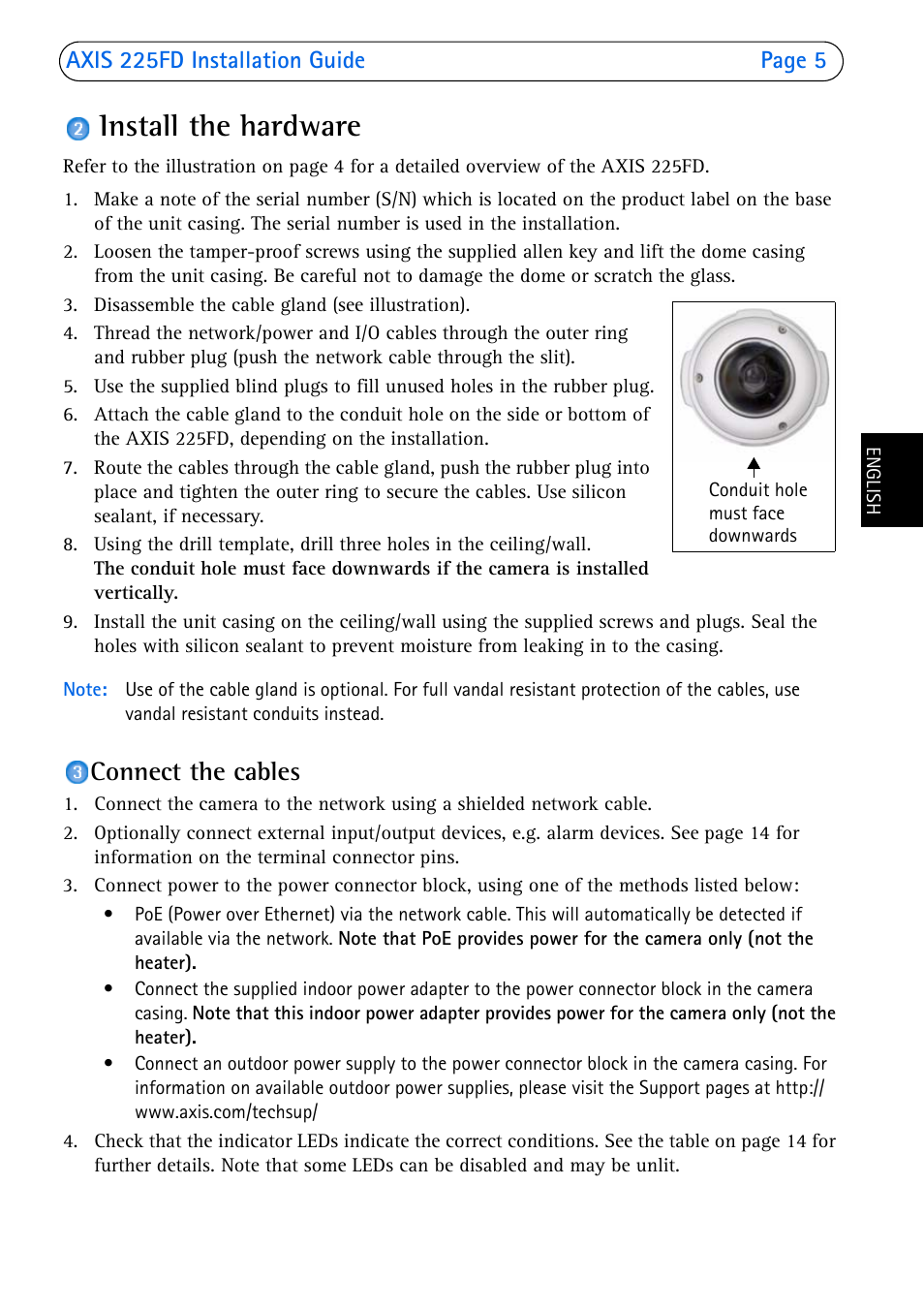 Install the hardware, Connect the cables, Axis 225fd installation guide page 5 | Axis Communications 225FD User Manual | Page 5 / 74