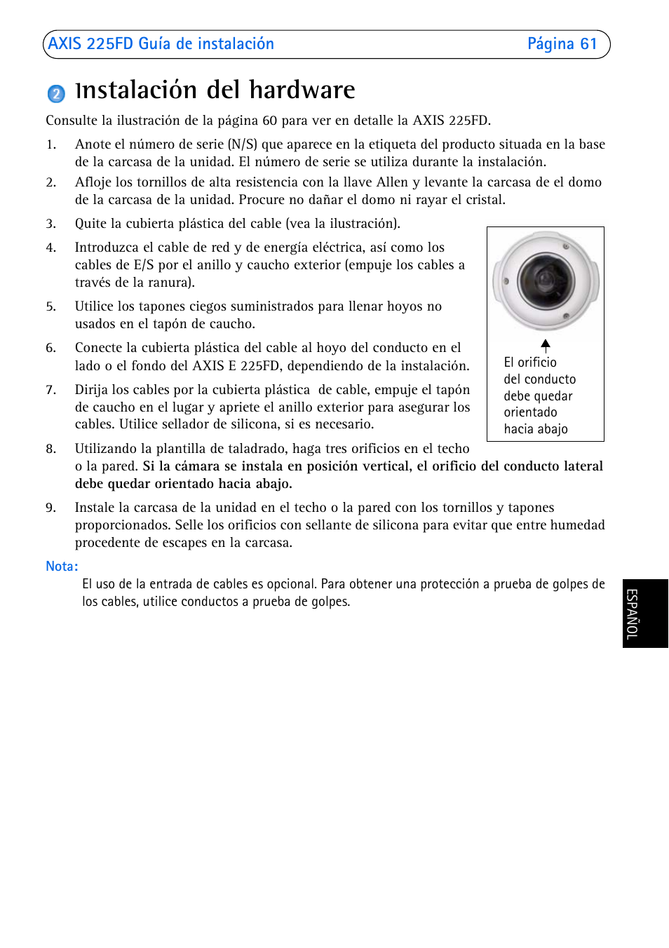 Instalación del hardware, Nstalación del hardware | Axis Communications 225FD User Manual | Page 61 / 74
