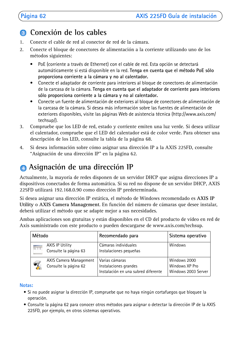 Conexión de los cables, Asignación de una dirección ip | Axis Communications 225FD User Manual | Page 62 / 74