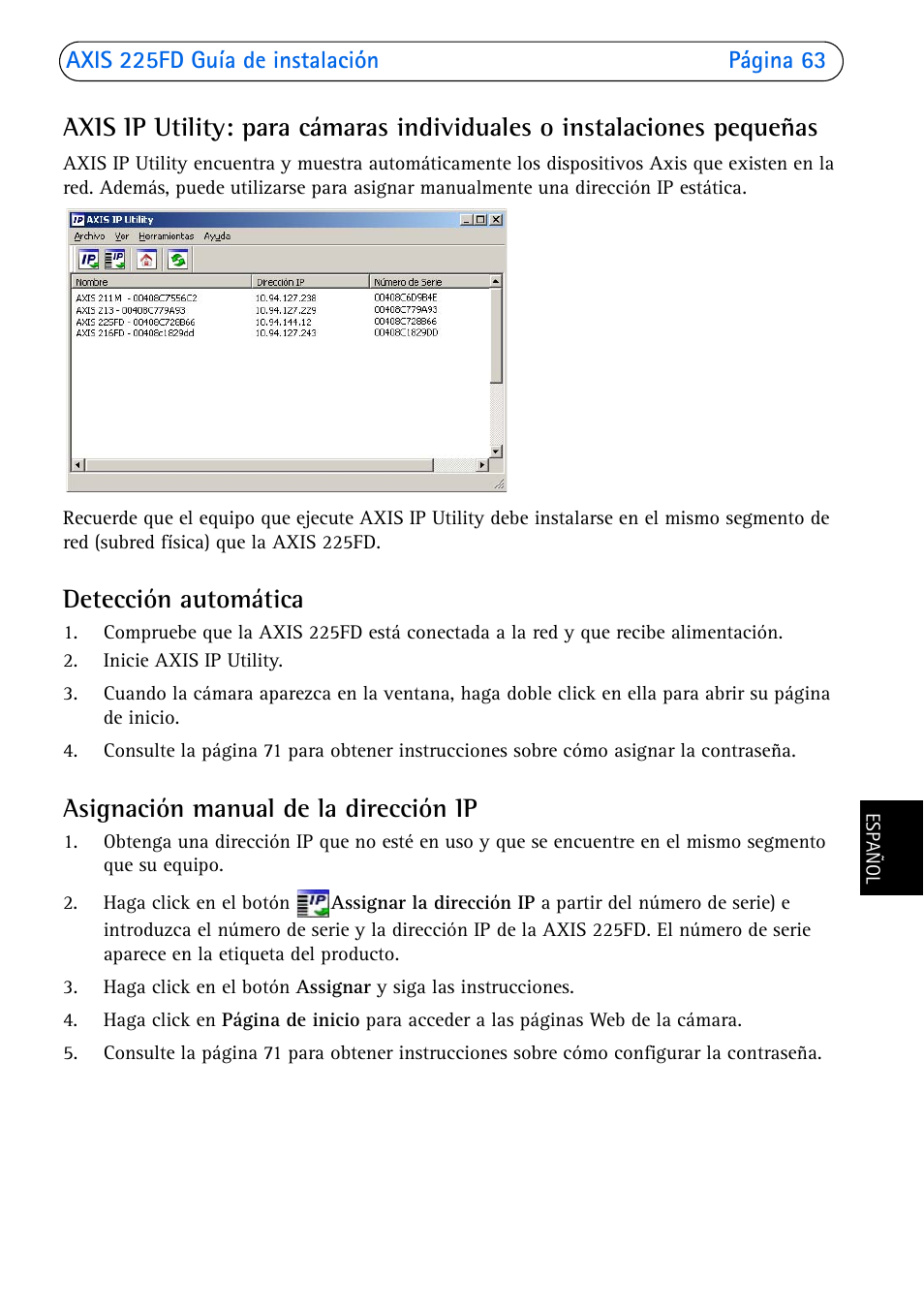 Detección automática, Asignación manual de la dirección ip | Axis Communications 225FD User Manual | Page 63 / 74