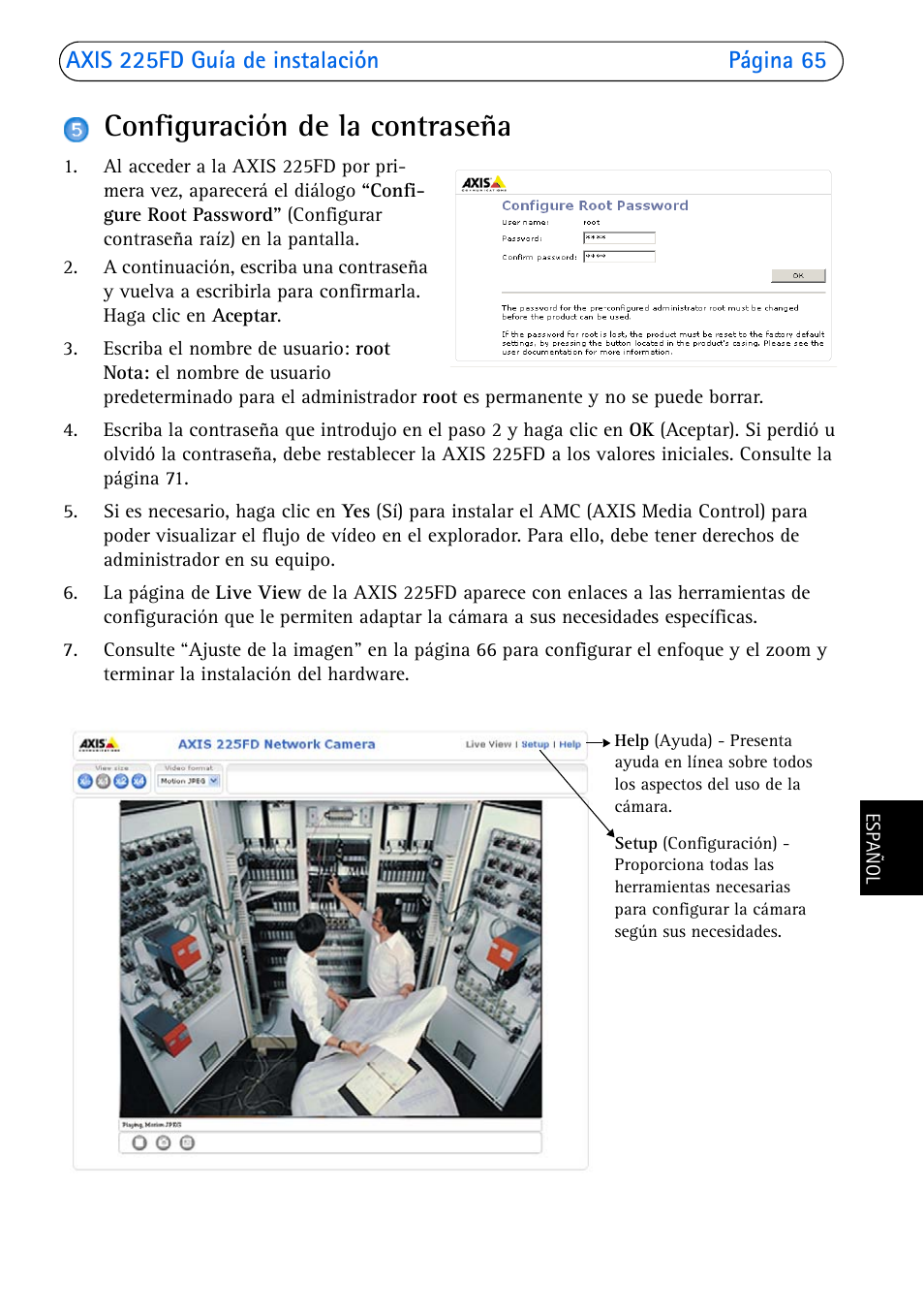Configuración de la contraseña | Axis Communications 225FD User Manual | Page 65 / 74