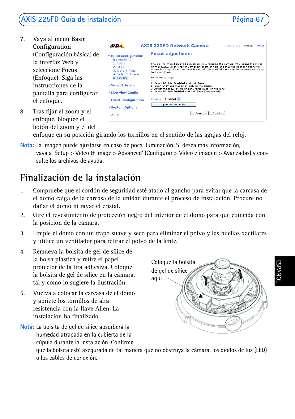 Finalización de la instalación | Axis Communications 225FD User Manual | Page 67 / 74