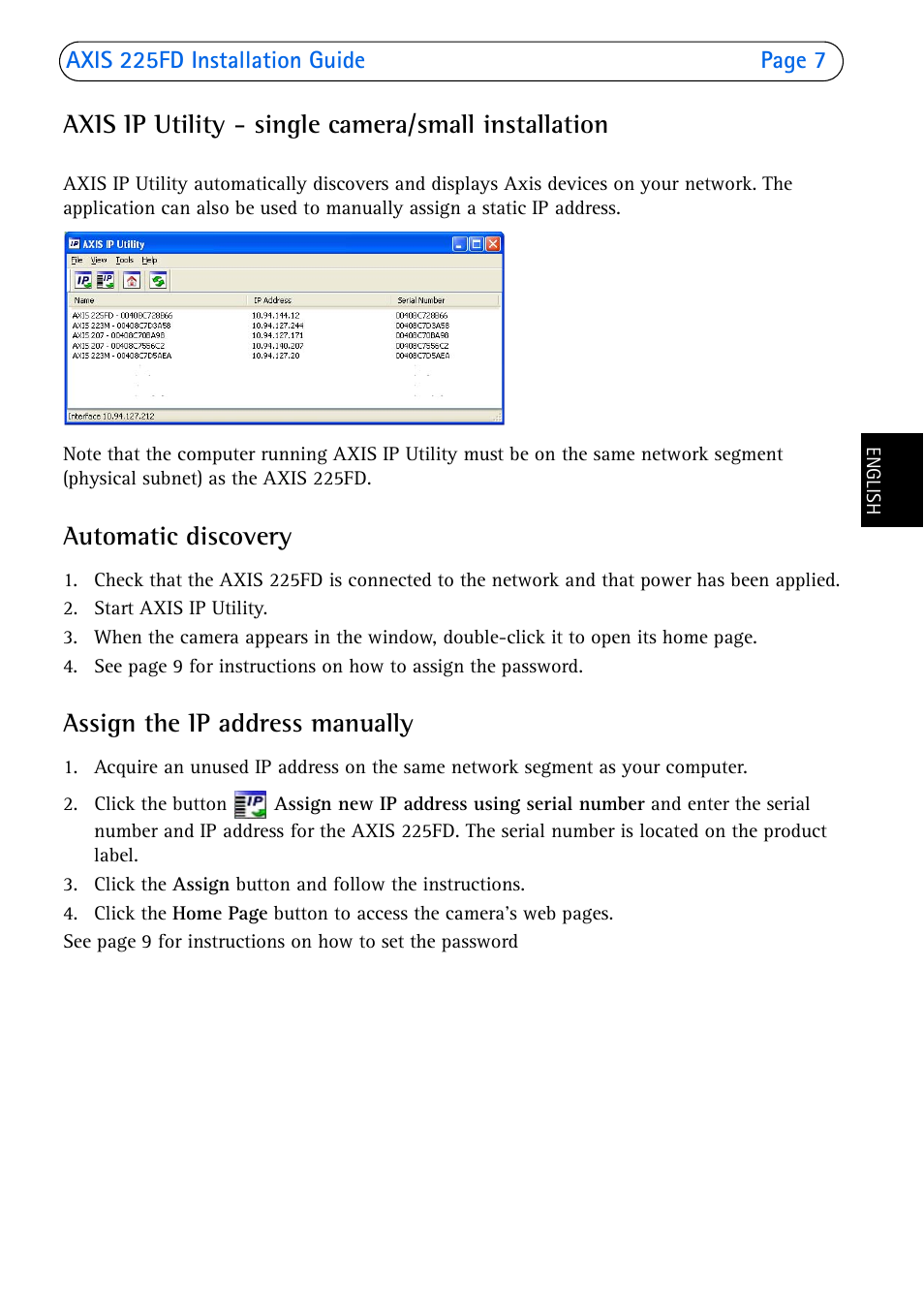 Axis ip utility - single camera/small installation, Automatic discovery, Assign the ip address manually | Axis Communications 225FD User Manual | Page 7 / 74
