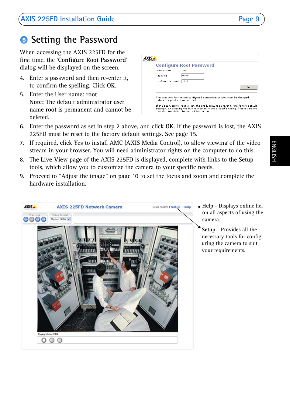 Setting the password, Axis 225fd installation guide page 9 | Axis Communications 225FD User Manual | Page 9 / 74