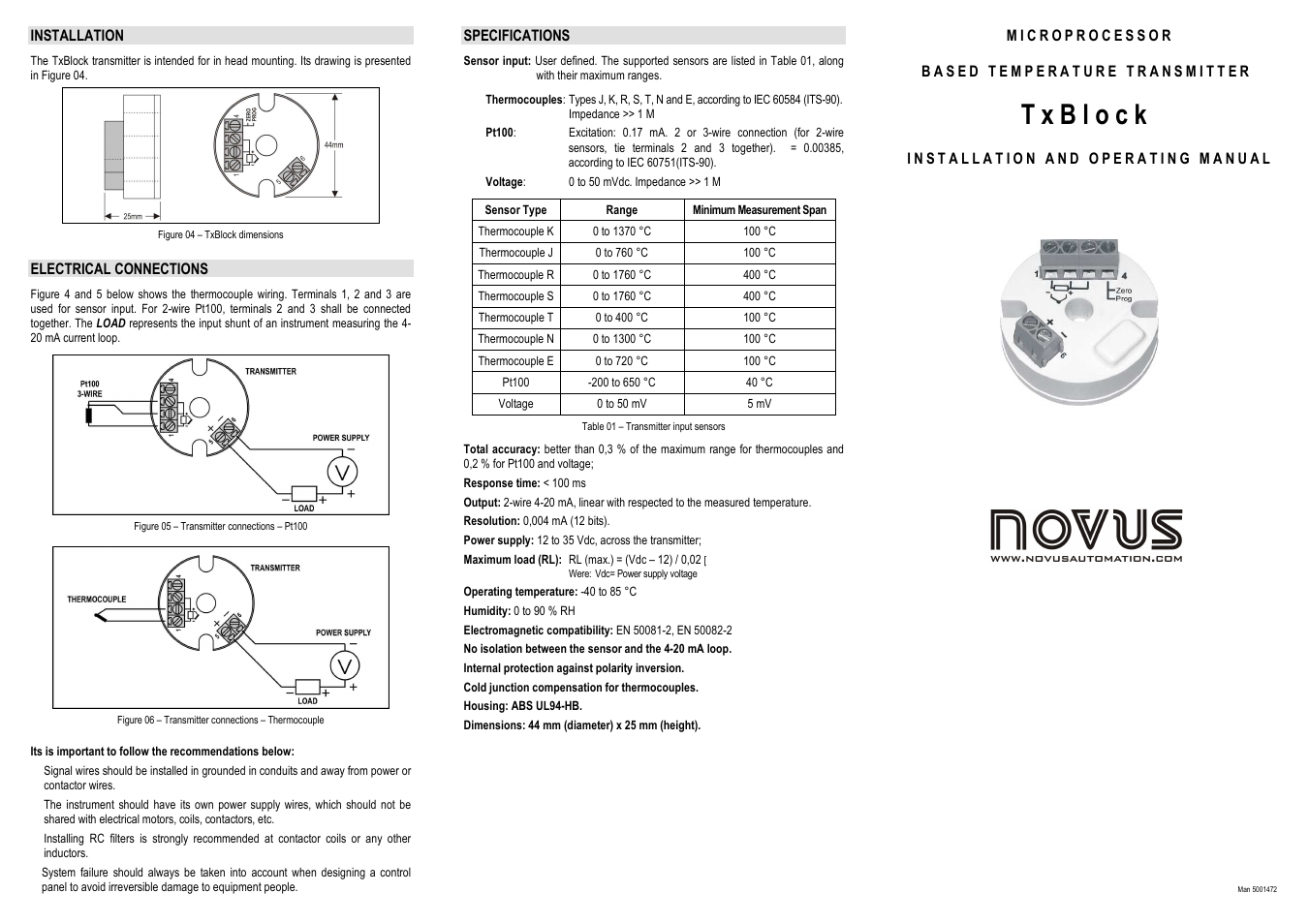 NOVUS T x B l o c k 4-20ma User Manual | 2 pages